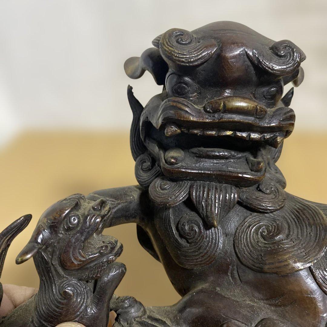 獅子　親子　玉乗せ獅子　置物　香炉❔ 金属工芸 約1746g 骨董　時代物
