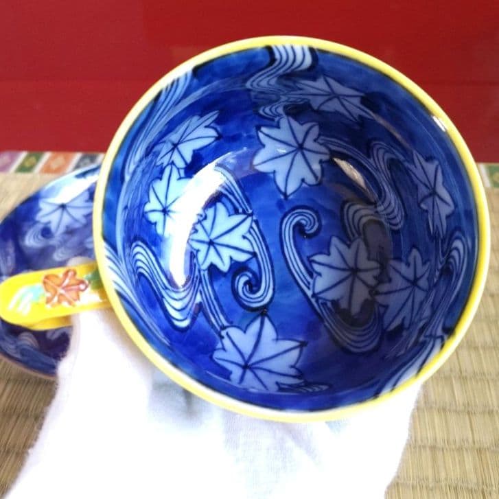 京焼清水焼　秀峰　珈琲碗皿　黄交趾　楓に流水　色絵　一珍　呉須濃　カップソーサー