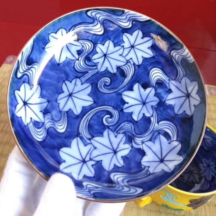京焼清水焼　秀峰　珈琲碗皿　黄交趾　楓に流水　色絵　一珍　呉須濃　カップソーサー