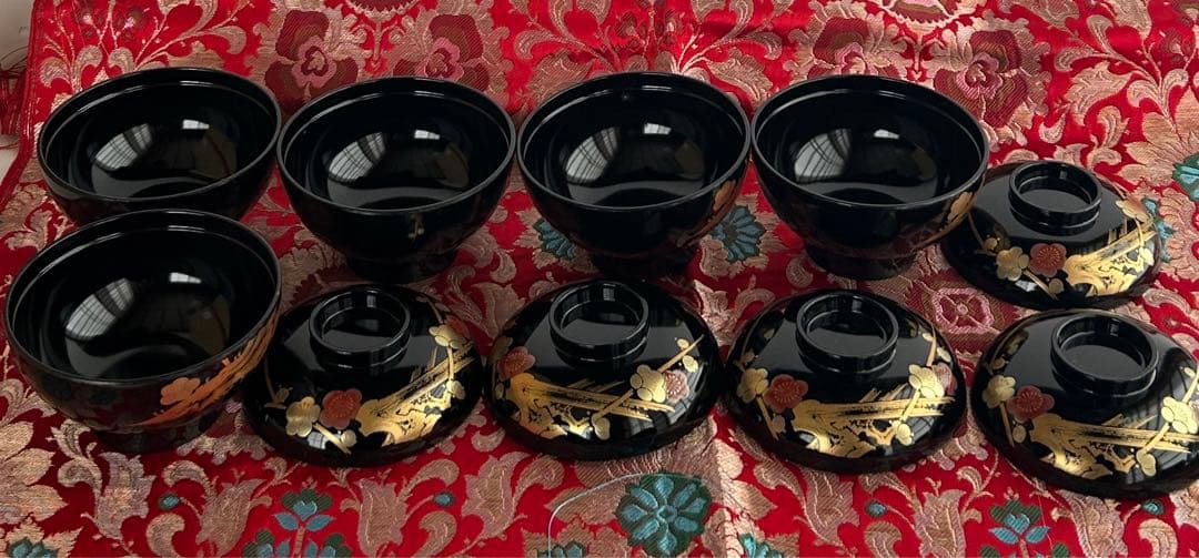 【未使用】会津塗 祥高作 漆器 吸物椀 汁椀 蒔絵 5客 漆塗り 和食器 木箱入