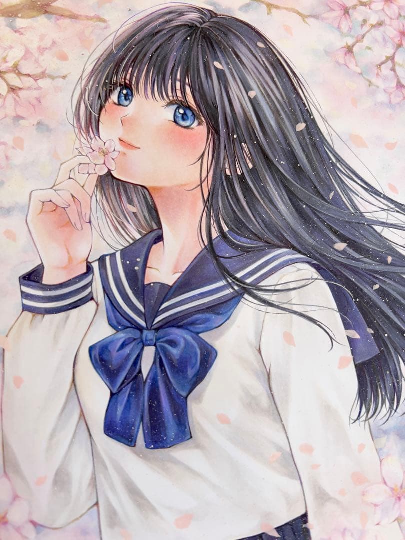 G*m様 手描きイラスト 原画＊桜舞う春の制服少女＊透明な時間＊色紙＊コピック