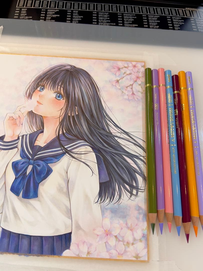 G*m様 手描きイラスト 原画＊桜舞う春の制服少女＊透明な時間＊色紙＊コピック