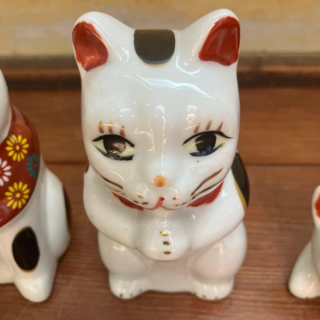 希少 ヴィンテージ 手描き 招き猫 3体 縁起物 陶器製 古道具 骨董