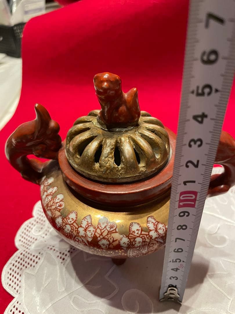 ◉セール！高級　貴重　香炉　銘あり　九谷焼　金彩　赤絵　彫刻　透かし彫り　脚付