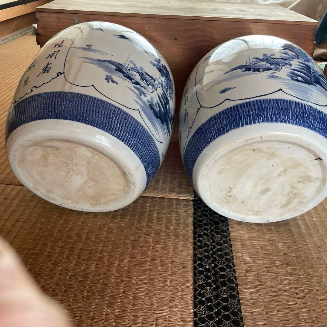 伊万里焼　火鉢　一対　2個セット　レトロ　山水繪火鉢　メダカ　植木鉢　鉢カバー