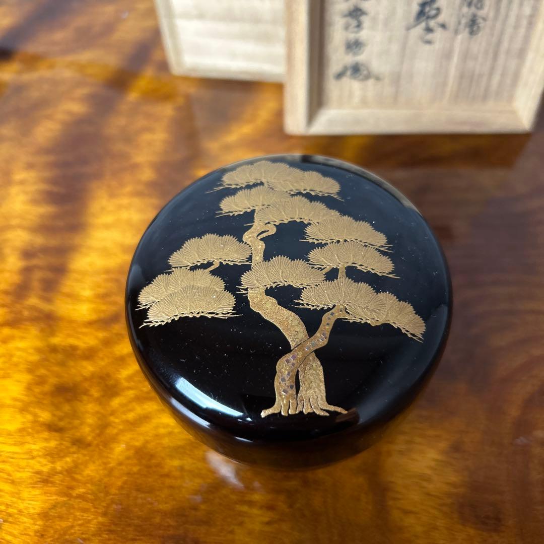 棗『瑞松蒔絵　平棗　共箱』　漆塗り　茶道具　作者不明