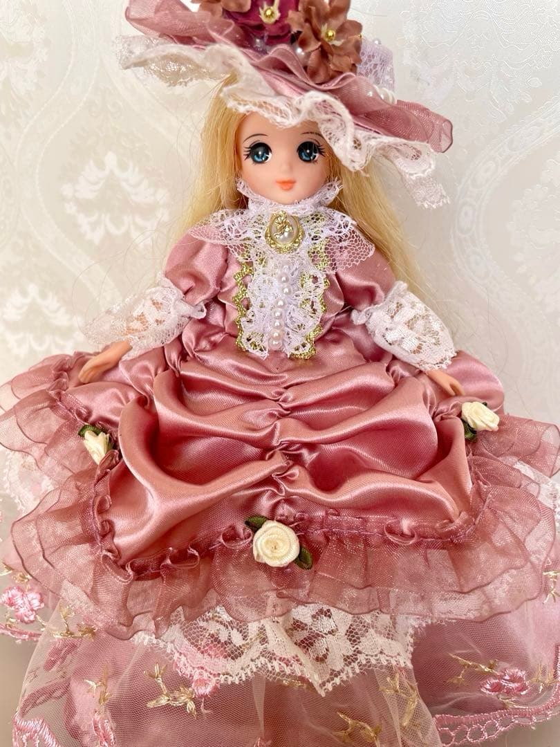 リカちゃん服　ドレープドレス　ピンク✖️レース　ハンドメイド