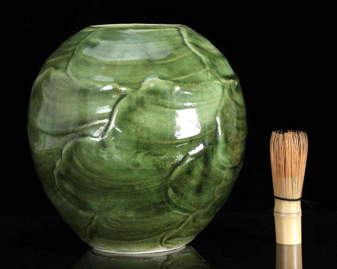 椋木英三 緑釉壷 泥刷毛目 共箱栞付 高25cm 花器 壺 作家物 美品 古美術