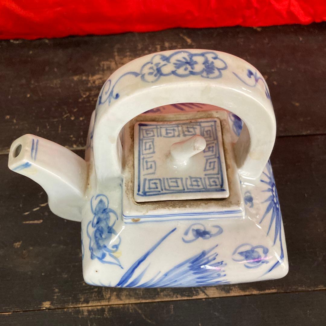 李朝　染付　四方面取水注　急須　雲鶴図