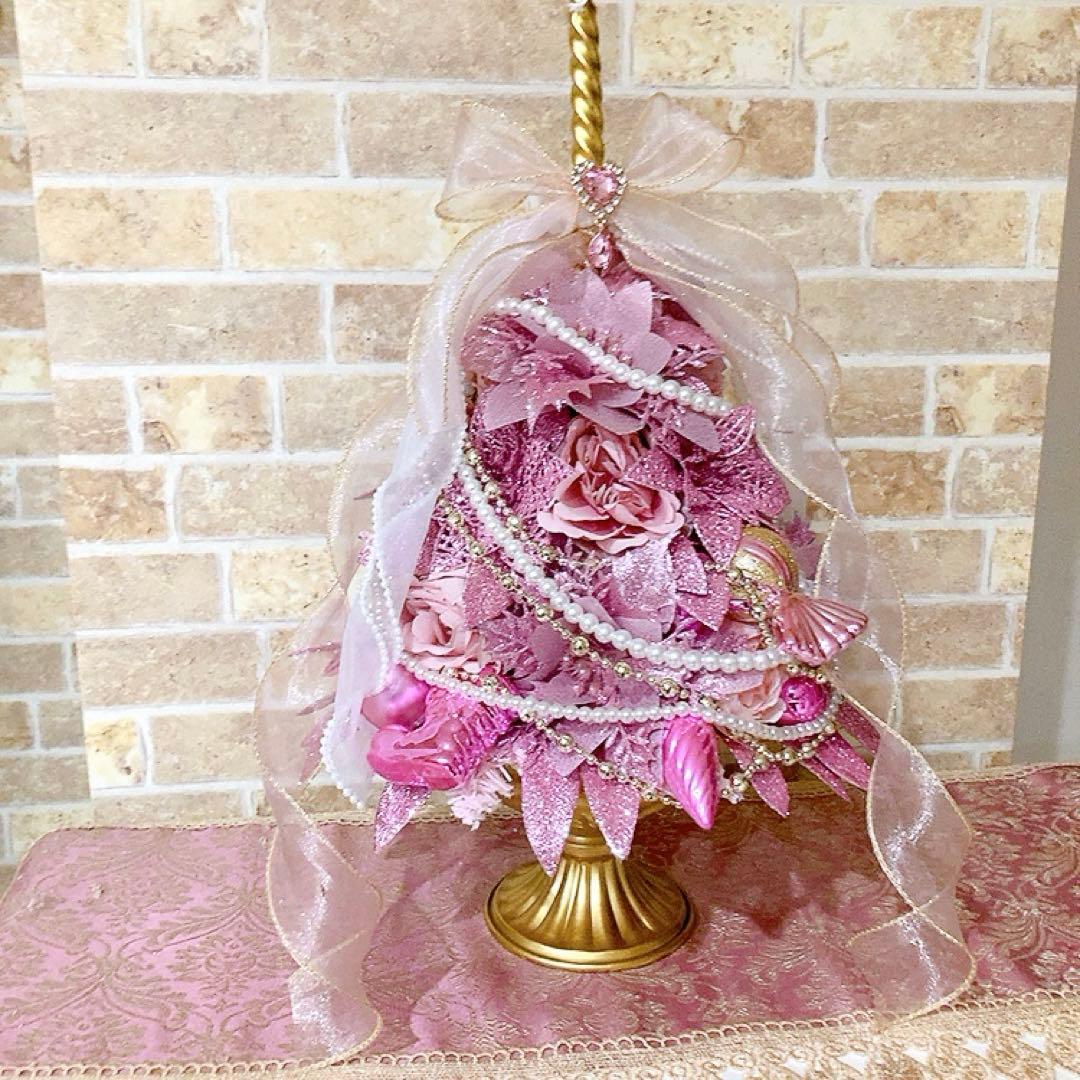 クリスマスキャンドルフラワーアレンジ♡ピンクのクリスマスツリー♡造花アレンジ