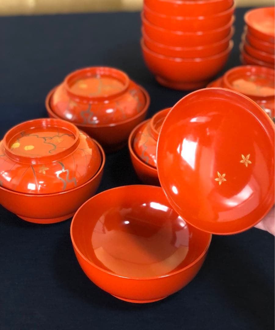 ❗️割引《R》朱塗 ドングリ蒔絵 菓子椀10客 木製漆器 木箱　250922あ3
