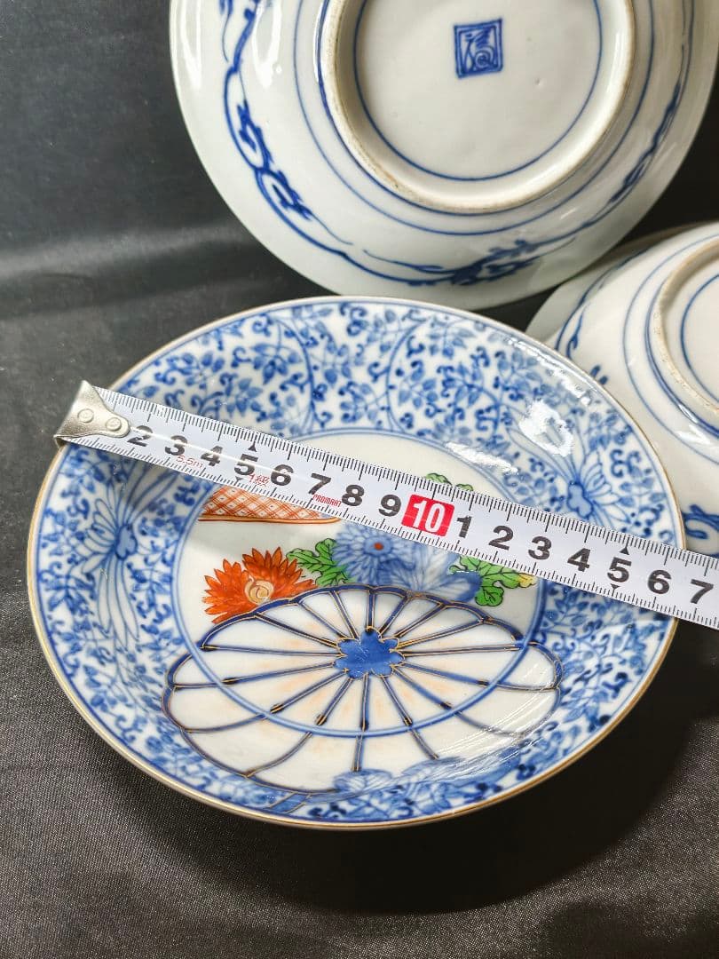古伊万里 色絵金彩皿3枚 花文 染付 渦福 手描き 明治骨董 旧家蔵出し 古美術