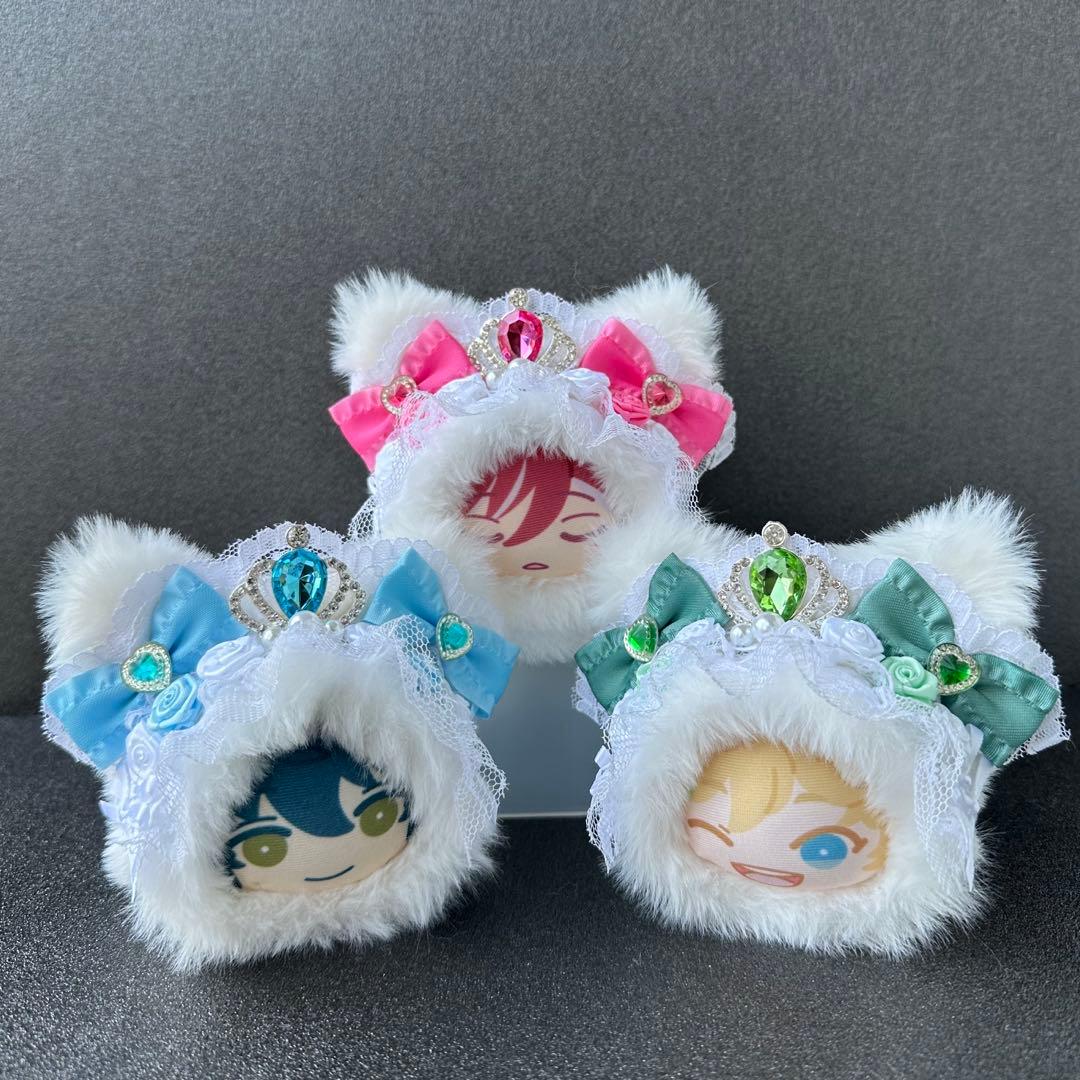 おまんじゅう　着ぐるみ　ぬい服　オフホワイト　ピンク　水色　黄緑　ねこみみ