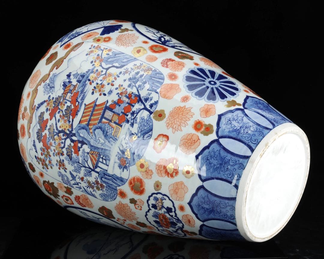 有田焼 染錦窓絵花鳥山水図 獅子摘蓋付 沈香壺 大型97㎝ 飾壷 古美術 骨董品
