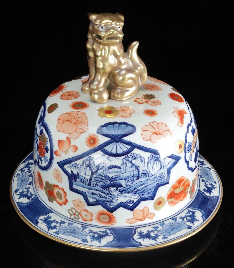 有田焼 染錦窓絵花鳥山水図 獅子摘蓋付 沈香壺 大型97㎝ 飾壷 古美術 骨董品