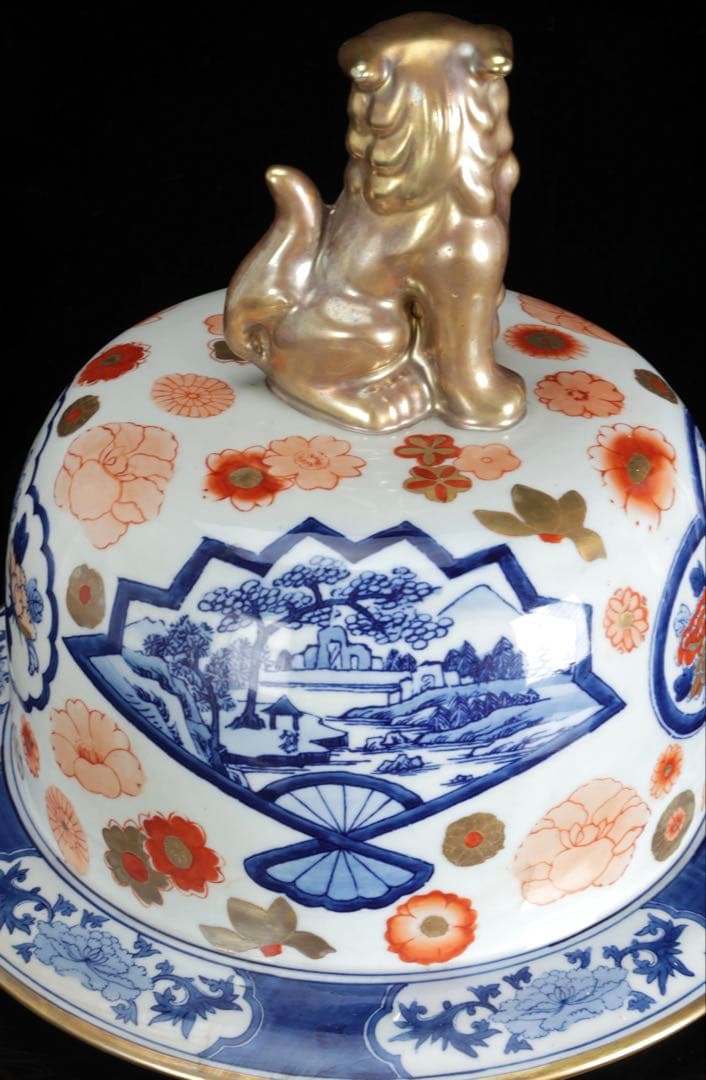 有田焼 染錦窓絵花鳥山水図 獅子摘蓋付 沈香壺 大型97㎝ 飾壷 古美術 骨董品