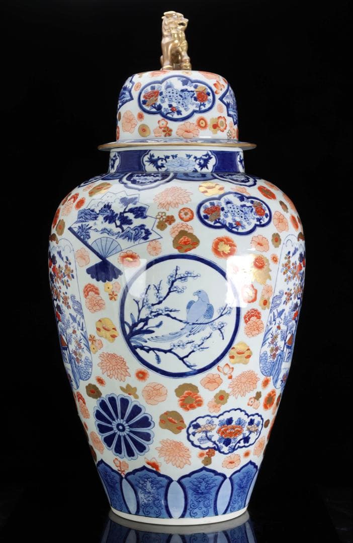 有田焼 染錦窓絵花鳥山水図 獅子摘蓋付 沈香壺 大型97㎝ 飾壷 古美術 骨董品