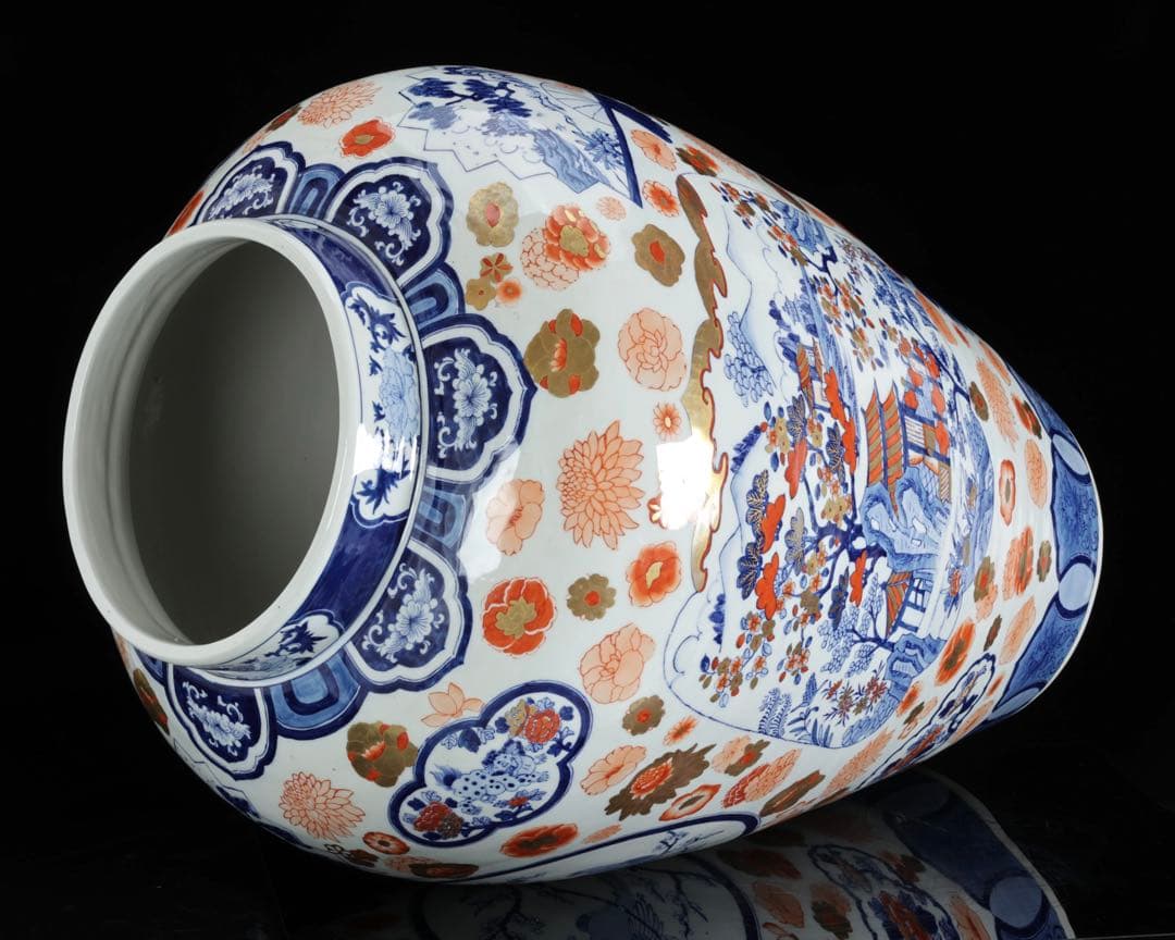 有田焼 染錦窓絵花鳥山水図 獅子摘蓋付 沈香壺 大型97㎝ 飾壷 古美術 骨董品