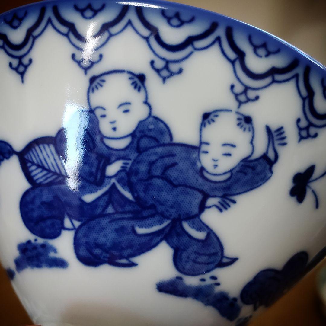 茶碗 2客 童 中国 松 蝶々 昭和物 印刷　印判　染付　伊万里