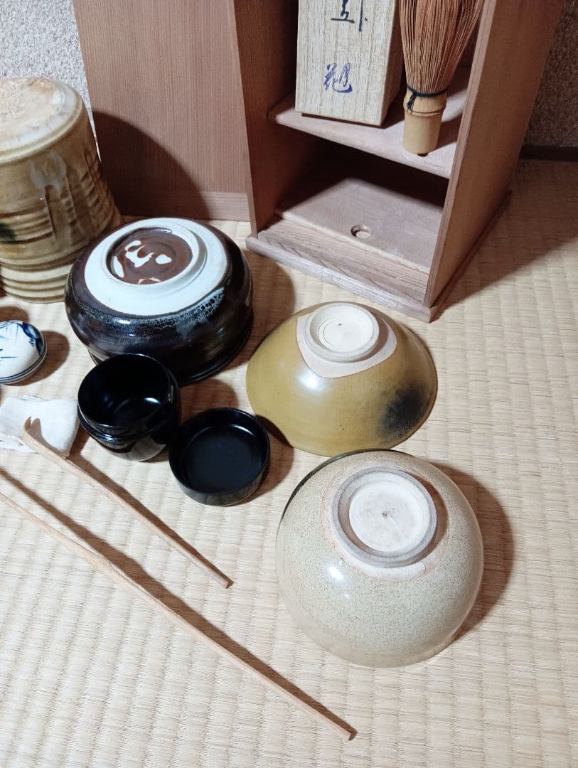 茶道具セット　短編箱　茶道 茶碗　茶せん　茶杓　なつめ　茶巾　棗　黄瀬戸　水指