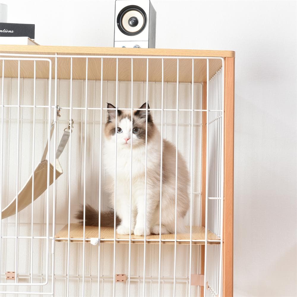 【新品】木製×スチール二段キャットケージ 多頭飼い対応 脱走防止