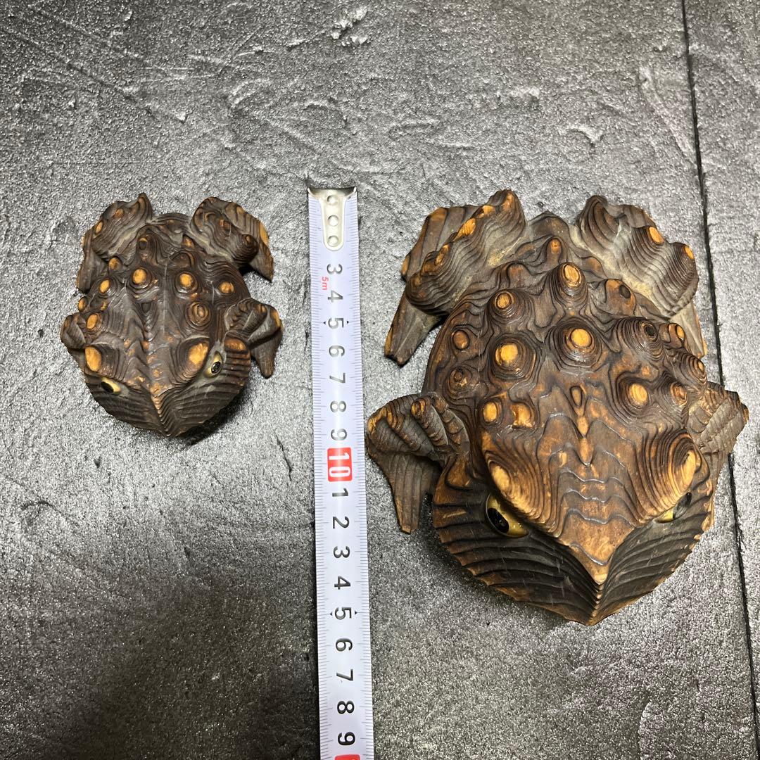 K2縁起物 木彫り親子カエル レトロ