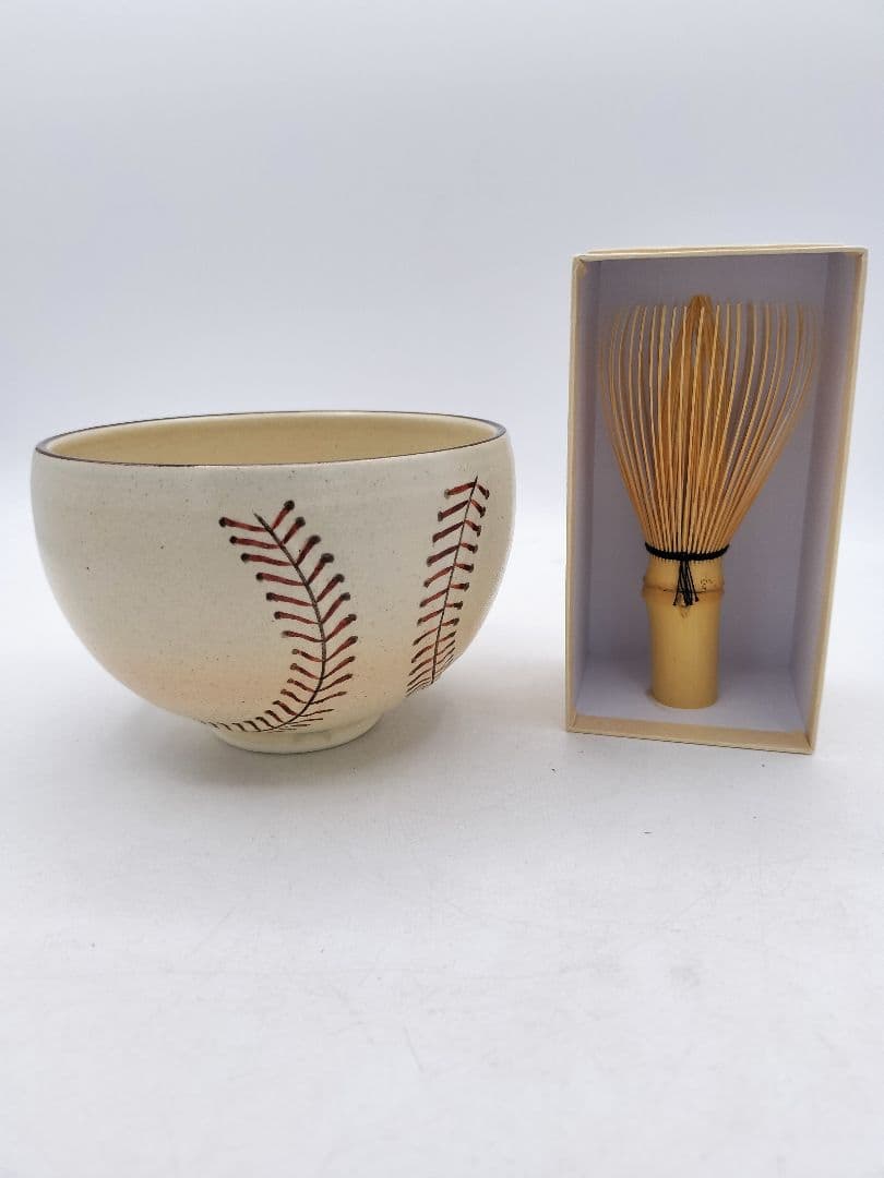 d114 限定【新品・未使用】野球ボール茶碗・国産真茶筌セット 中村良二 木箱