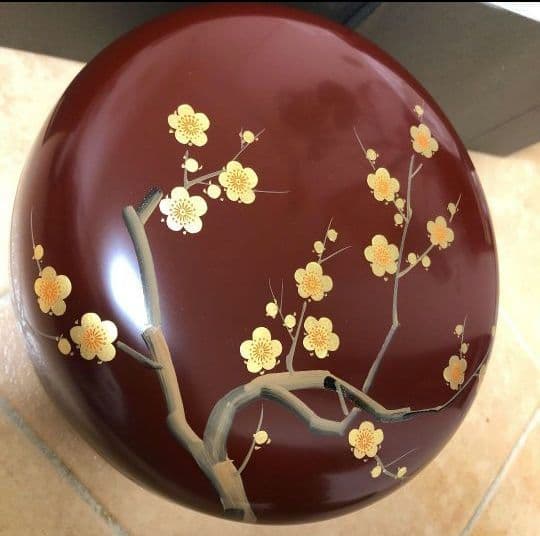 【新品】山田平安堂　丸菓子器　枝梅蒔絵（朱・大）