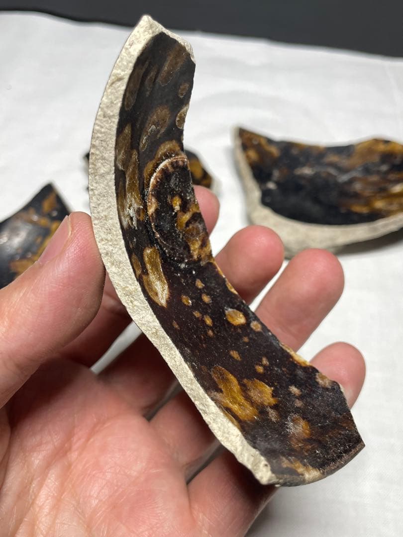 天目茶碗標本4点。殘片。茶道古美術。宋時代。鷓鴣斑。美品。骨董品。