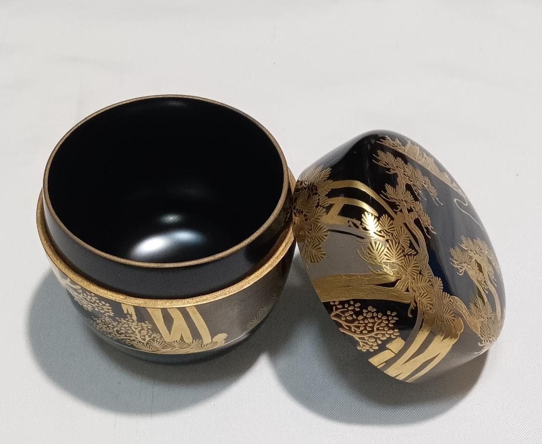 茶道具　輪島塗　蒔絵師宗祥作　黒漆塗住吉絵金銀蒔絵中棗　美品！！