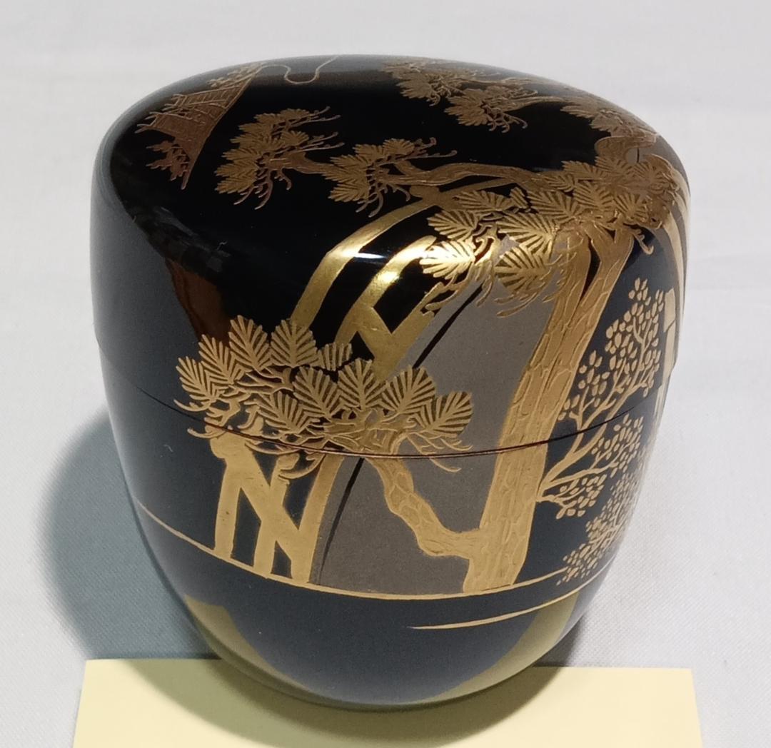 茶道具　輪島塗　蒔絵師宗祥作　黒漆塗住吉絵金銀蒔絵中棗　美品！！