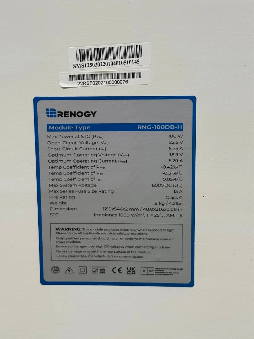 【最終価格】RENOGY RNG-100DB-H 100W ソーラーパネル