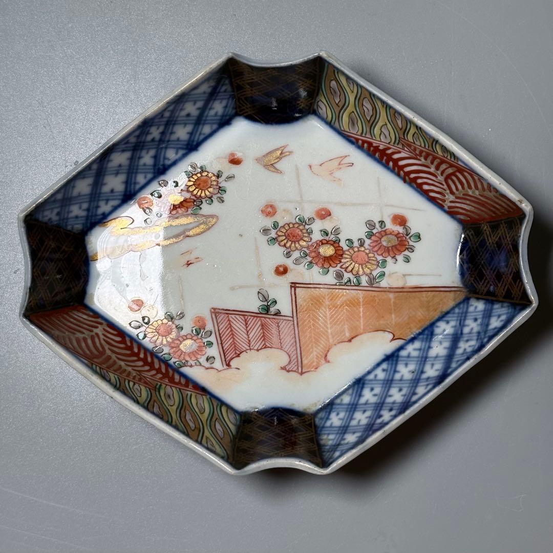 古伊万里　色絵花鳥垣根文変形皿　五枚　刺身皿　江戸時代〜明治時代　古器を楽しむ