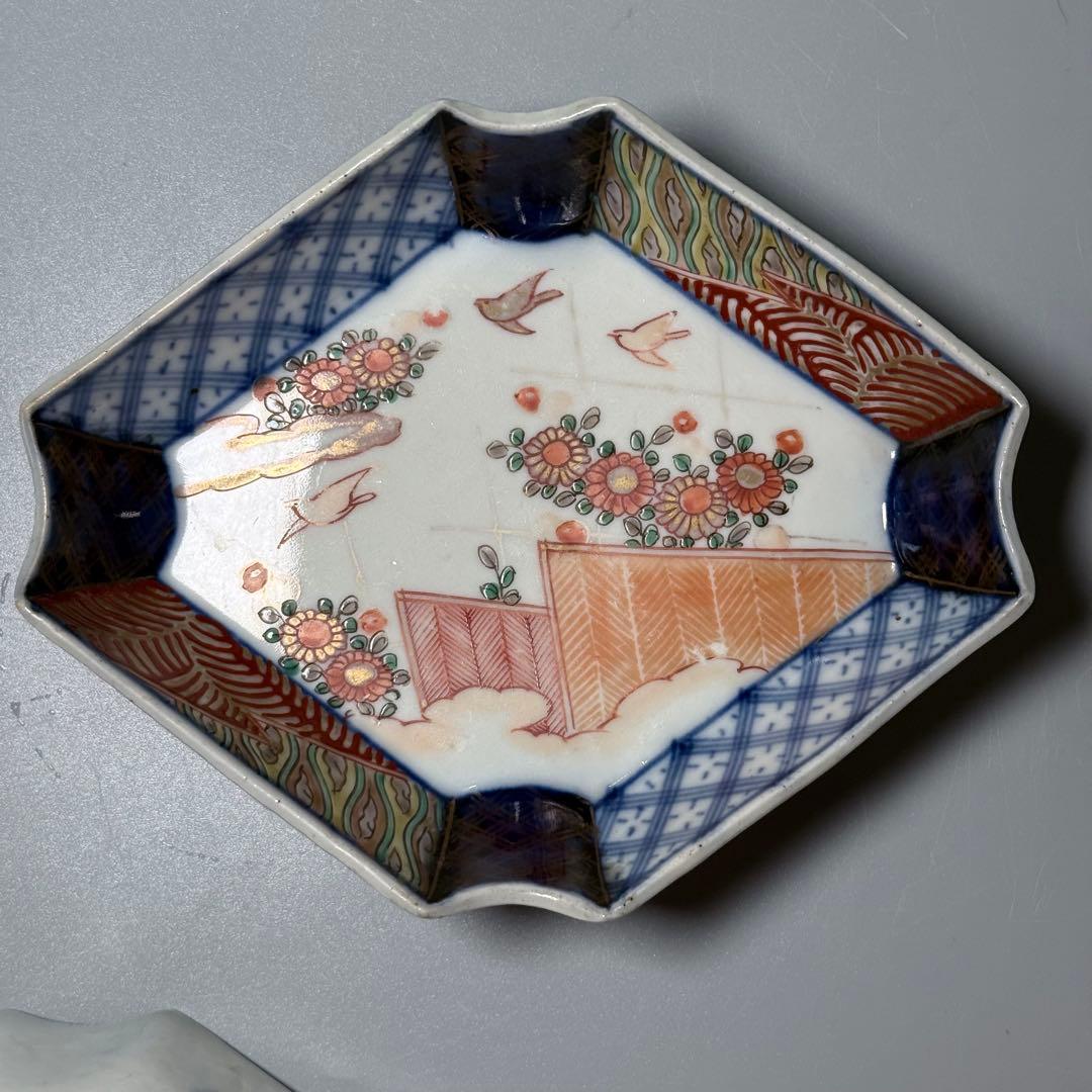 古伊万里　色絵花鳥垣根文変形皿　五枚　刺身皿　江戸時代〜明治時代　古器を楽しむ