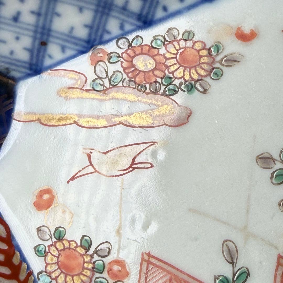 古伊万里　色絵花鳥垣根文変形皿　五枚　刺身皿　江戸時代〜明治時代　古器を楽しむ