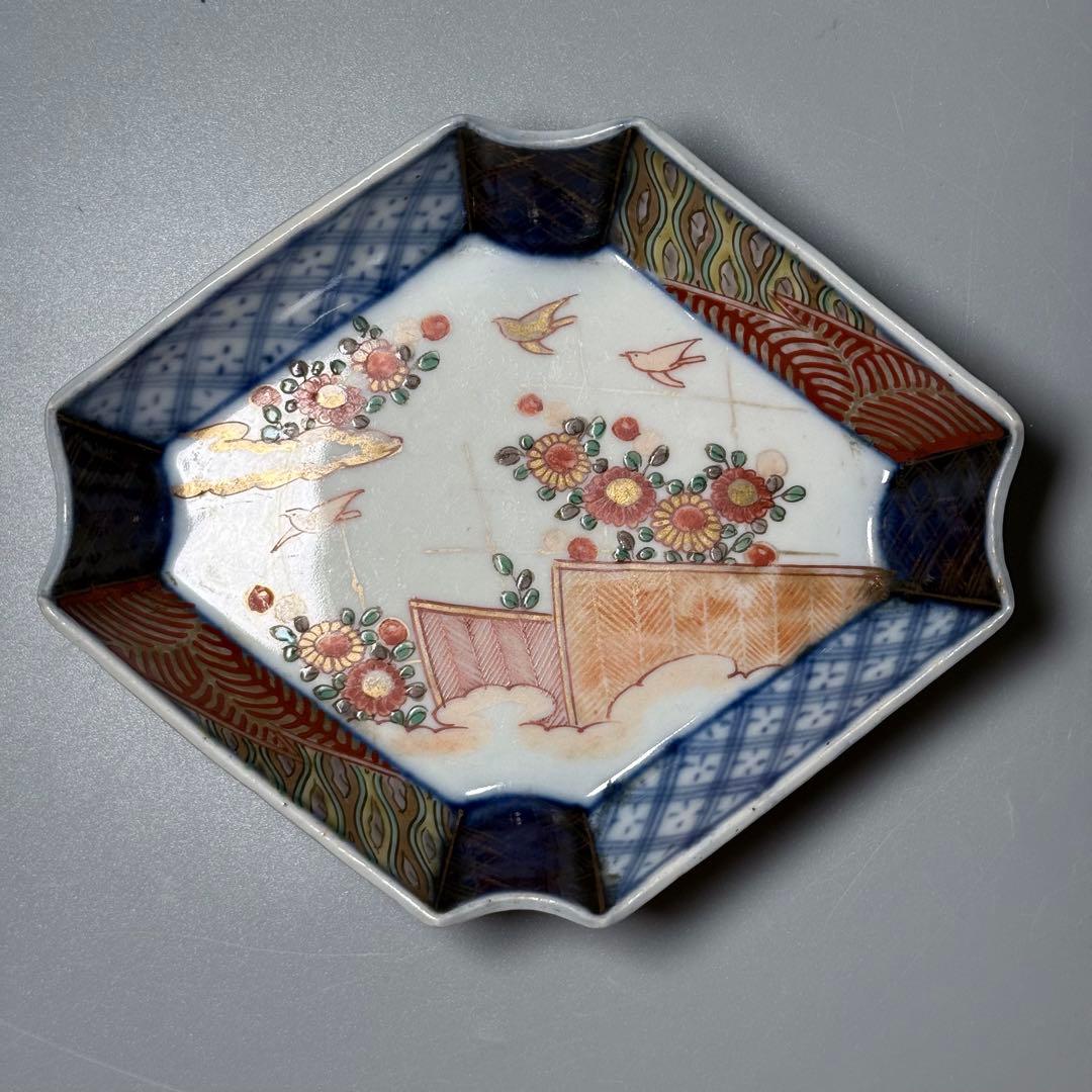 古伊万里　色絵花鳥垣根文変形皿　五枚　刺身皿　江戸時代〜明治時代　古器を楽しむ