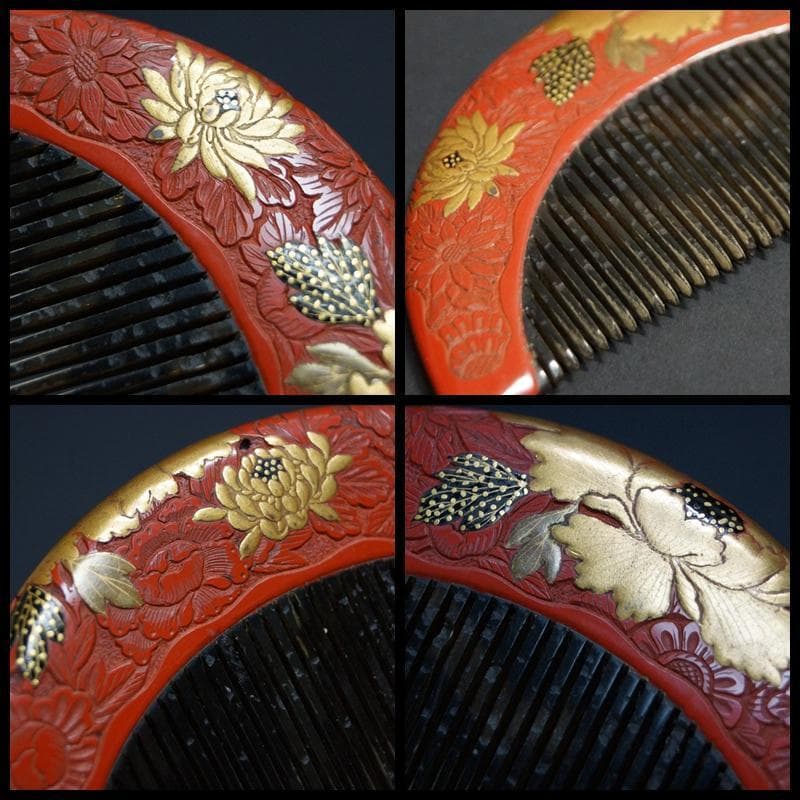 江戸期 本鼈甲製 金蒔絵『牡丹菊花文』櫛簪 かんざし 櫛 和装小物★時代物★