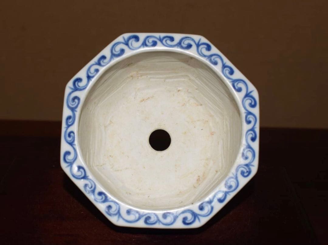 希少 陶雀 染付山水図 外縁六角盆栽鉢 約11.3cm 時代物 無傷美品
