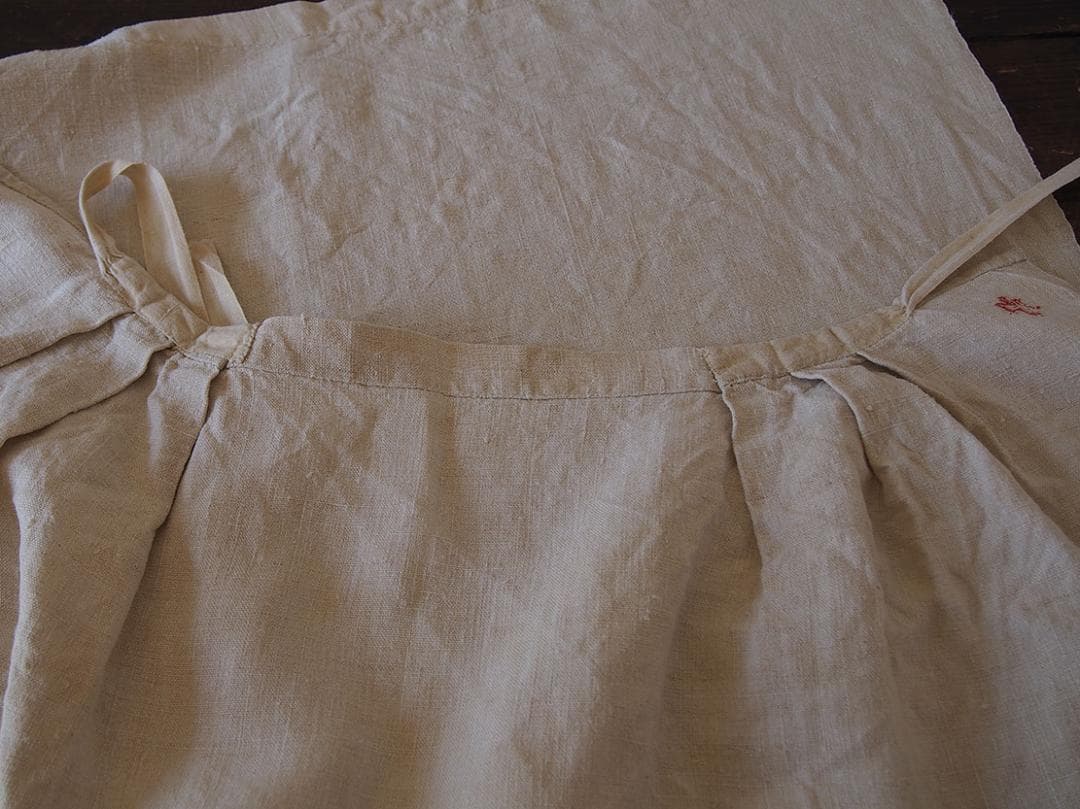 イニシャル刺繍入り シンプルなリネンのロングエプロン マルシェエプロン/K414