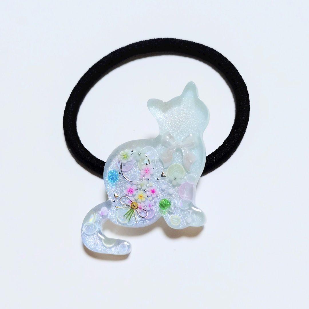 りあら様　No.623　レジン ヘアゴム マグネット ピンバッジ 猫ねこフラワー