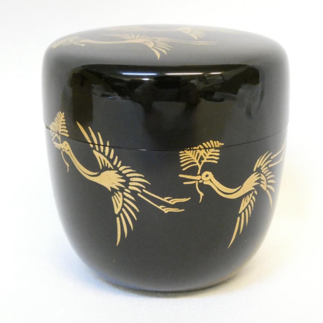 輪島塗 荒井喜峰作 松喰鶴蒔絵 利休棗 中棗 茶道具 茶器