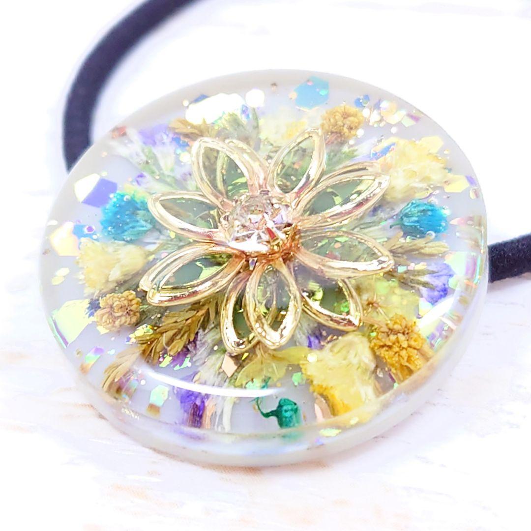 お花のヘアゴム✿ハンドメイド レジン 押し花 ネックレス グレー グリーン 緑
