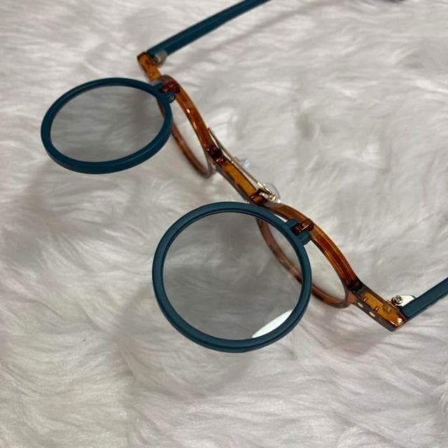 70丸メガネ眼鏡サングラス跳ね上げ式レトロ緑グリーン個性的めがねラウンド茶色▲