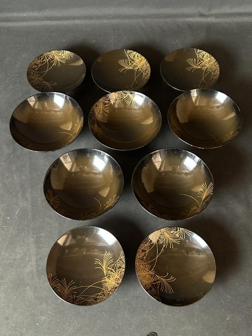 時代 輪島塗 金蒔絵 ススキ図 黒塗 吸物椀 5客 茶懐石道具 明治時代 75