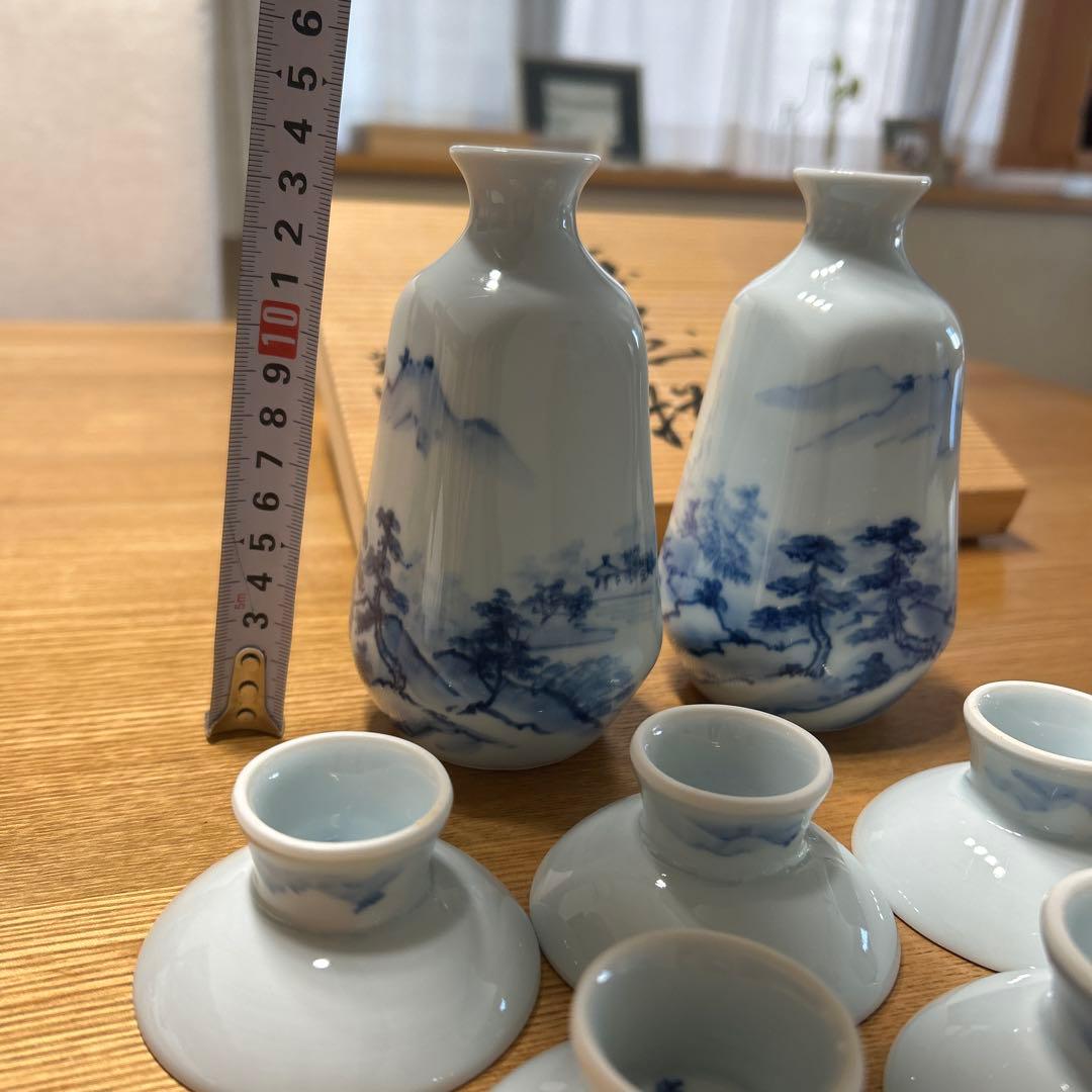 青白磁 酒器セット 山水画 4個盃付き