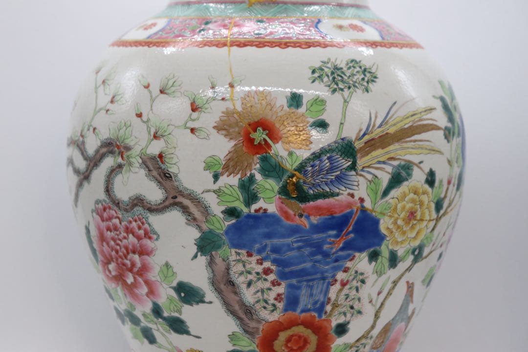 中国　粉彩雉鳥牡丹紋大瓶　高さ35cm 送料込み251107