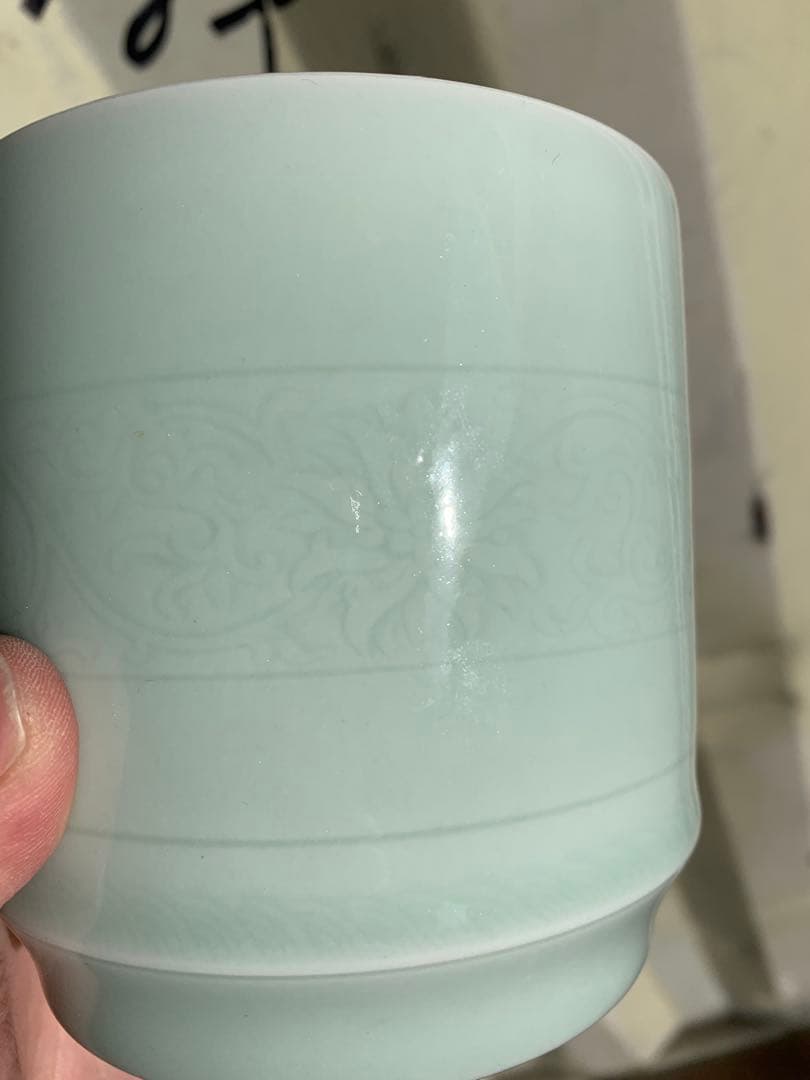 中国 景徳鎮 陶瓷 蓋茶碗 青磁 青釉 唐草文 茶道具