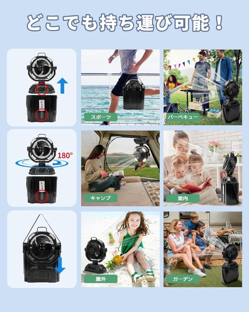 キャンプ扇風機 ミストファン 7L 水タンク 照明付き 左右揺れ 360°