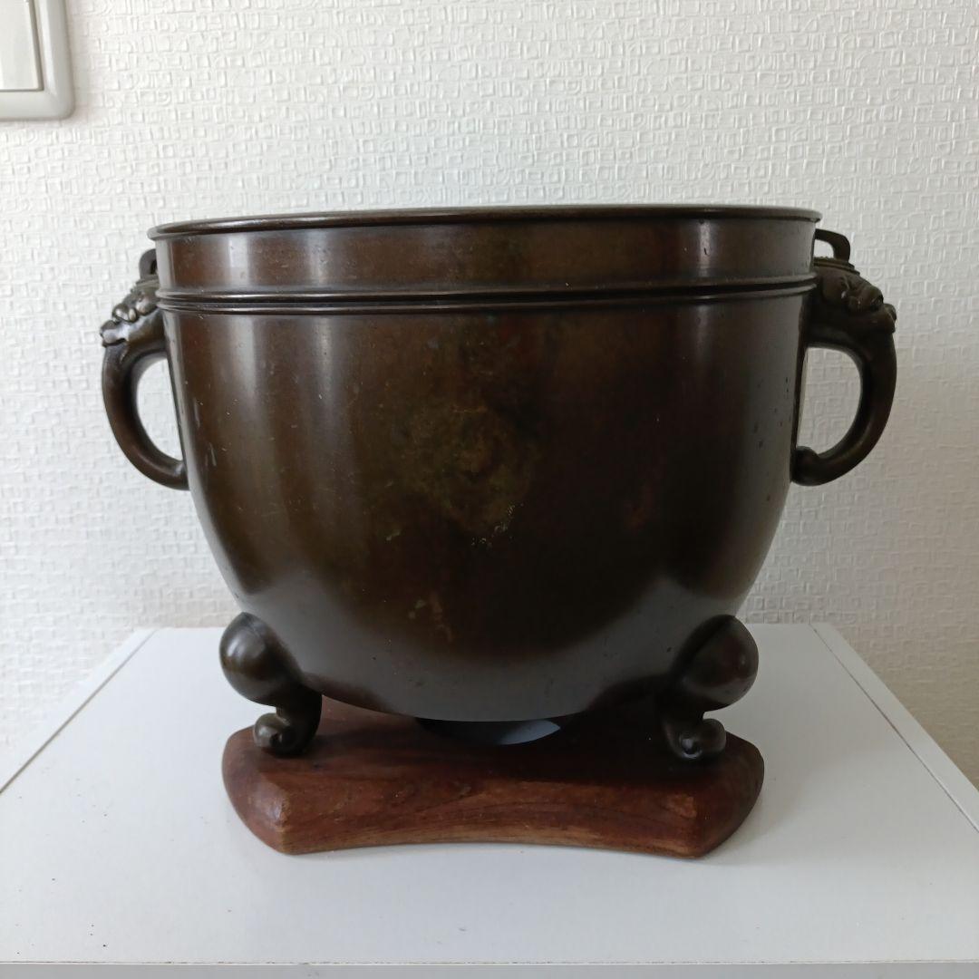 青銅火鉢セット 灰・炭／煙管／ 獣面装飾／アンティーク 古民具 囲炉裏 茶道具