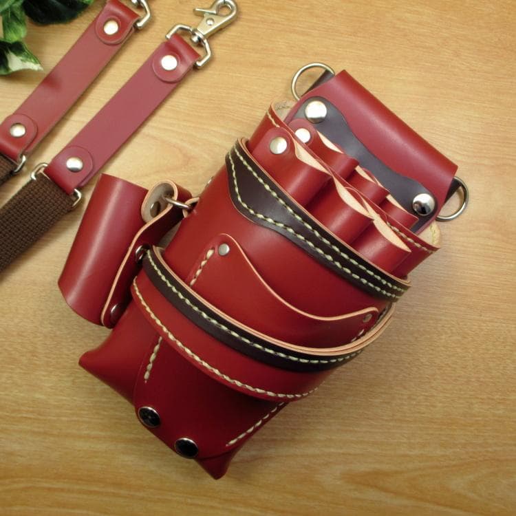 赤色＆焦げ茶　本革シザーケース＆ブラシケース　６丁　SCA-57/CRA